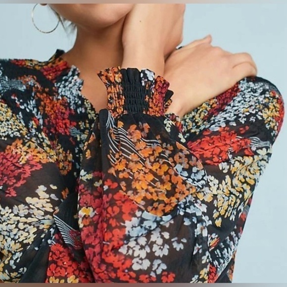 Anthropologie Akemi + Kin Adria Black Floral Smocked Chiffon Mesh Blouse Sz S - Picture 3 of 16